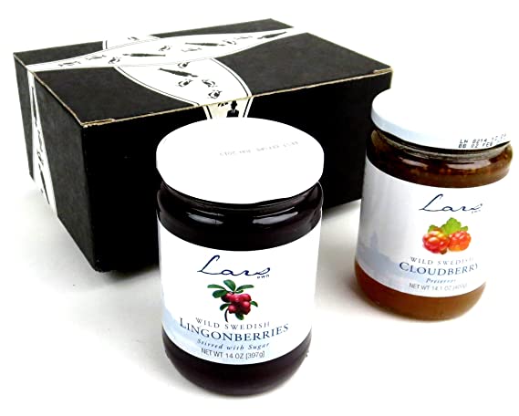 Lars' Own Wild Swedish Preserves 2-Flavor Variety: One 14 oz Jar Each of Cloudberry and Lingonberry in a BlackTie Box (2 Items Total)