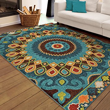 Indoor/Outdoor Rectangle Latex Free Geo Bongkok Multi Area Rug (7'8" x 10'10") In Contemporary Style With A Floral Pattern. In Colors of Ivory, Blue, Red, Green, Yellow, Orange And Brown