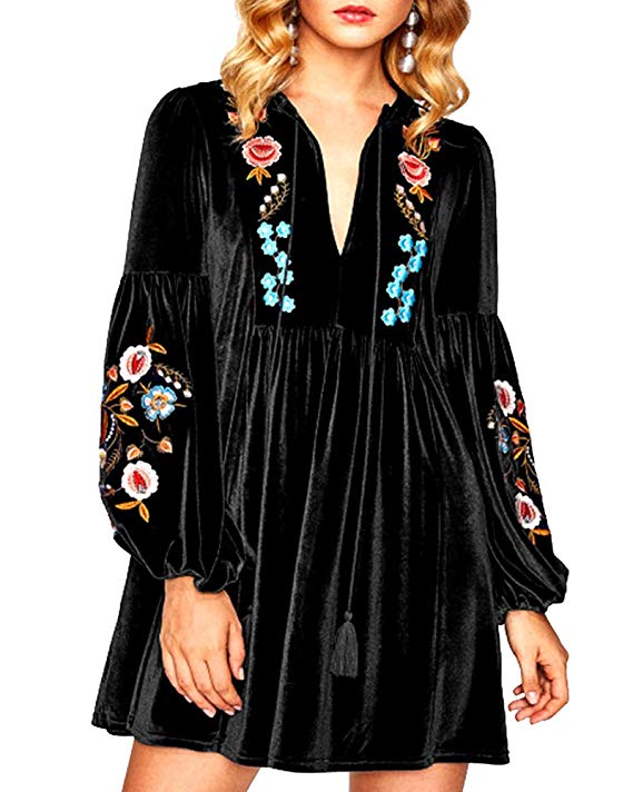 Aofur Women Bohemian Vintage Embroidered Velvet Spring Shift Mini Dress Long Sleeve Casual Tops Blouse