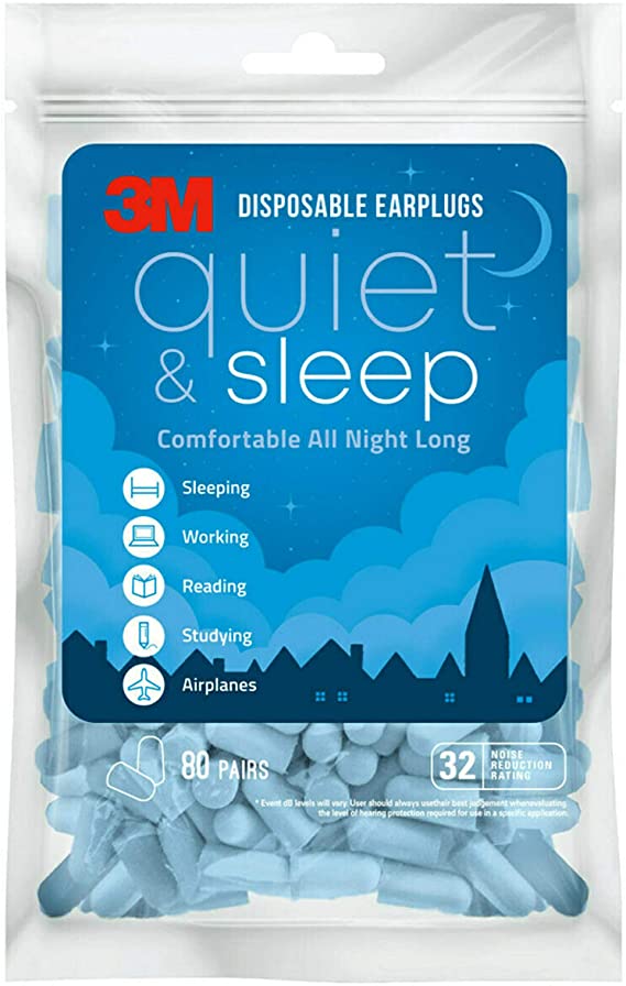 3M Disposable Earplugs, Hearing Protection for Quiet & Sleep, Light Blue, 32 NRR, 80 pairs in a resealable bag