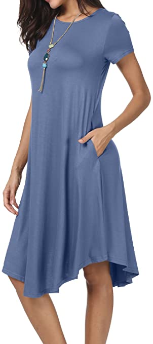 levaca Women's Plain Short Sleeve Loose Swing Casual Midi Dress with Pockects