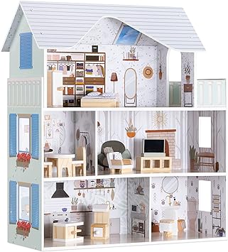 Navaris Wooden Dolls House - 3 Storey Wood Dollhouse with Toy Furniture and Soft Accessories - Doll House with 5 Rooms and Balcony - 69.5 x 62 x 27cm