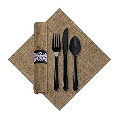 Hoffmaster 120006 FashnPoint Burlap CaterWrap with Print Dinner Napkin and Black Cutlery, Pre-Rolled, 15.5" Length x 15.5" Width, Natural (2 Bags of 50) (Pack of 100)