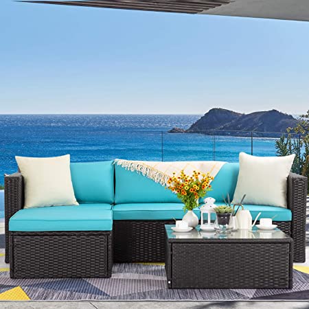 LEMBERI 5 Pieces Outdoor Furniture Patio Conversation Sets, All Weather Wicker Sectional Sofa Couch Lawn Sectional Furniture with Washable Couch Cushions and Glass Table(Tiffany Blue/Black)