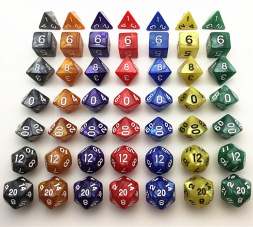 Flyesto Polyhedral 5 x 7-Die Series 5 Colors Game Dice with 4 Sided, 6 Sided, 8 Sided, 10 Sided, 12 Sided, 20 Sided - Assorted Sizes, Perfect for DND, RPG, Magic MTG, Table Gaming with Free Pouch