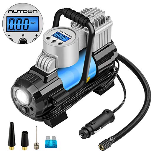 AUTOWN 12V DC Portable Air Compressor Pump, 150 PSI Auto Digital Tire Inflator with Extra Nozzle Adaptors and Fuse for Car Bike Tires and Other Automobiles. Digital Car Tire Inflator