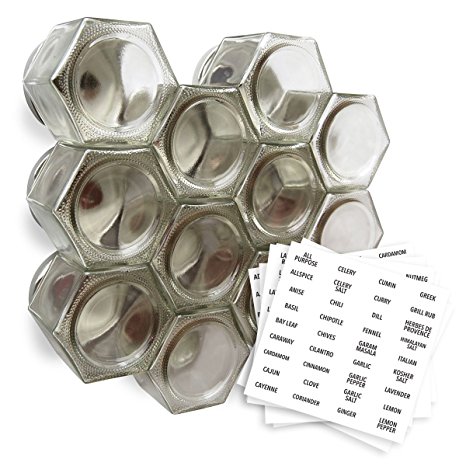 Gneiss Spice Large Empty Magnetic Spice Jars | Create a DIY Hanging Spice Rack on Your Fridge | Includes Hexagon Glass Jars, Magnetic Lids   Spice Labels (12 Large Jars, Gold Lids)