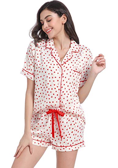 Serenedelicacy Women's Silky Satin Pajamas Short Sleeve PJ Set Sleepwear Loungewear