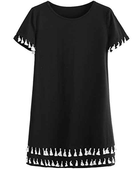 Romwe Women's Short Sleeve Summer Loose Tunic Casual Tassel Dress