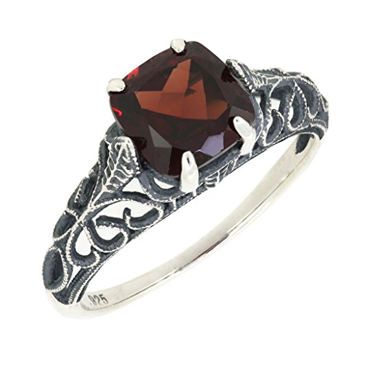Antique Finished Sterling Silver Cushion Cut Genuine Mozambique Garnet Filigree Ring (2 1/5 CT.T.W)