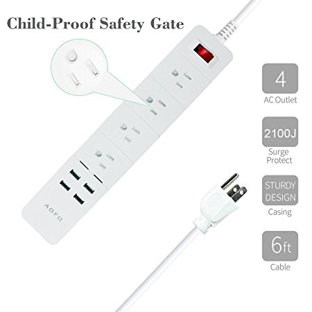 AOFO Power Strip Surge Protector with 4 Fast Charging USB & Multi Plug Outlets (with Child-Proof Safety Valve), Extension Cord (6ft) 1875W 2100 Joules Listed (White)