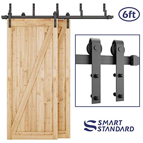 SMARTSTANDARD 6ft Heavy Duty Bypass Double Door Sliding Barn Door Hardware Kit - Smoothly & Quietly -Easy to Install - Includes Step-by-Step Installation Instruction Fit 36" Wide Door Panel (J Shape)