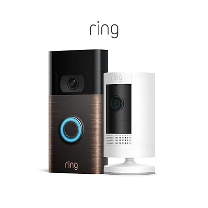 Ring Video Doorbell, Venetian Bronze Bundle with Ring Stick Up Cam Battery, White