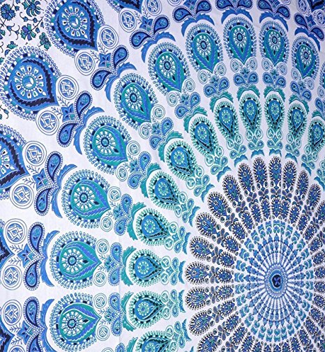 Indian hippie Bohemian Psychedelic Peacock Mandala Wall hanging Bedding Tapestry (Peacock Sky Blue, Queen(84x90Inches)(215x230Cms))
