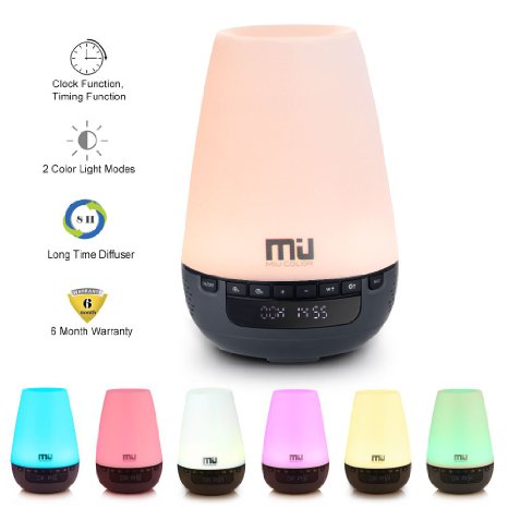 MIUCOLOR® Clock Essential Oil Diffuser - Long Time 16h Aroma Ultrasonic Cool Mist Humidifier - Electronic Digital Clock Diffuser, 2 Modes of Warm White and Changing Colored LED Lights