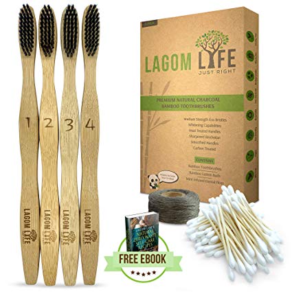 Premium Bamboo Toothbrushes, Eco-Friendly, Vegan & Natural Organic Wooden Brushes, Medium Charcoal Infused Bristles, Biodegradable, Includes - Bamboo Cotton Buds, Dental Floss & How to eBook, 4 Pack