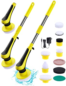 Ohuhu Electric Spin Scrubber, Cordless Adjustable Extension Handle Cleaning Tools with Magnetic Design 10 Replaceable Brush Heads, Bathroom Cleaner for Tile Floor Bathtub Kitchen Sink Wall Car Wash