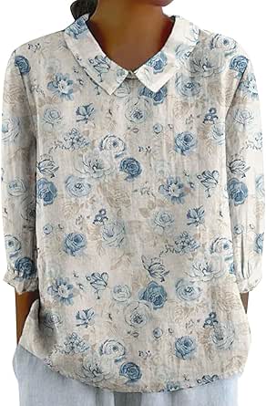 Linen Shirts for Women 3/4 Sleeve Lapel Neck Tops Floral Print Button Down Tshirts Oversized Loose Casual Blouses