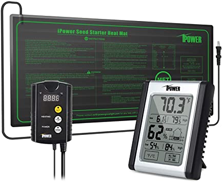 iPower 10" x 20.5" Hydroponic Seedling Heat Mat and Digital Thermostat Control and Humidity Monitor Indoor Thermometer Combo Set for Seed Germination, Black