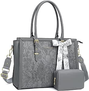 MOSISO Laptop Bag for Women, 17-17.3 inch PU Leathe Tote Bag Compatible with MacBook, HP, Dell, Asus Notebook, Front Embossed Retro Hibiscus Computer Bag with Silk Scarf&Clutch Purse, Gray