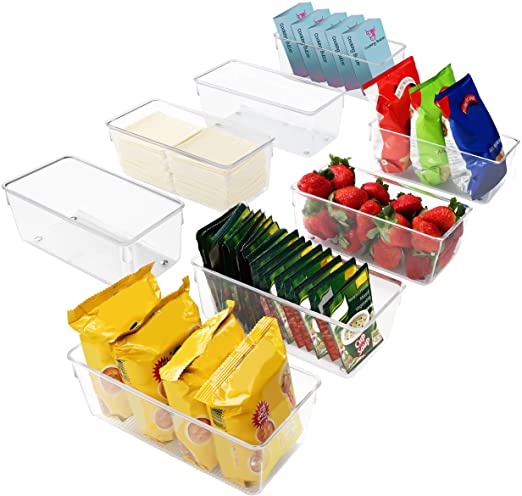 Kurtzy Kitchen Fridge & Cupboard Storage Trays (8 Pack) - 20cm/7.87 Inches Overall Length - Clear Plastic Refrigerator Bins - Bathroom, Pantry, Drawer, Freezer and Home Storage Organiser Containers