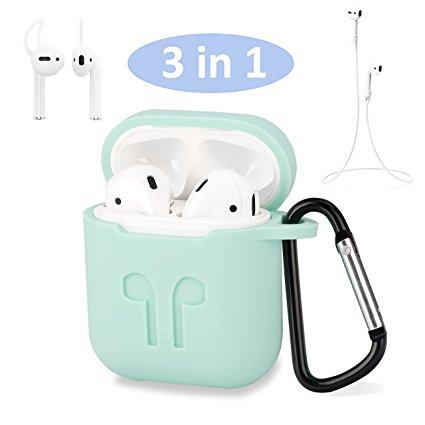 Airpods Case, Airpods Strap, Airpods Ear Hooks, Airpods Silicone Protective Cover with Earphone Sports Anti-lost Strap with Silicone Protective Earhooks, Airpods Replacement Accessories (Mint Green)