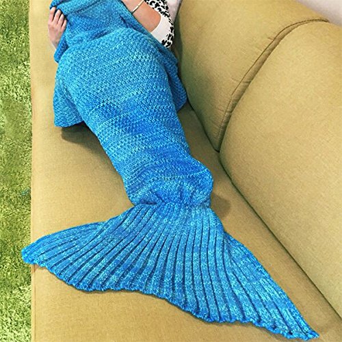 Crochet Mermaid Tail Blanket from FINGON, Christmas gift Mermaid Blanket for adult,Super Soft Summer Sleeping Bags(71"x35.5")Blue