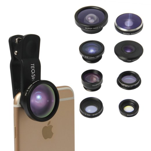 TEQSTONE 8-in-1 Clip-On Cell Phone Camera Lens Kit 1 x 065X Macroamp Wide Lens Fisheye Lens 180 Telephoto Lens 2X CPL Lens  Super Fisheye Lens 235amp 19X Macro Lens 04X Super Wide Angle Lens