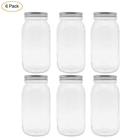 HOMEILY 6 Packs 32oz Mason Jar Wide Mouth Glass Jars Lids for Storage Canning Jars Ideal for Jam, Honey, Wedding Favors, Shower Favors, Baby Foods, DIY Magnetic Spice Jars