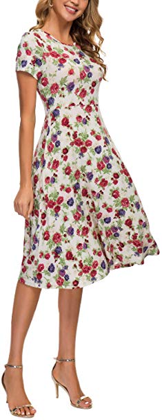 Urban CoCo Women's Floral Print Short Sleeve Flared Midi Dress