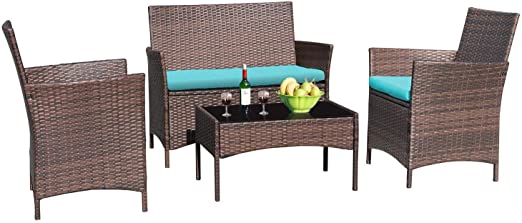 Greesum 4 Pieces Patio Outdoor Rattan Furniture Sets, Wicker Chair Conversation Sets, Garden Backyard Balcony Porch Poolside Furniture Sets with Soft Cushion and Glass Table, Brown and Blue