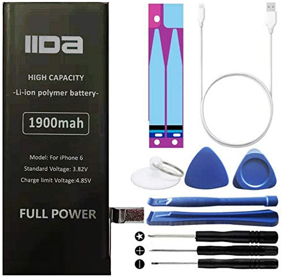 IIDA iPhone 6 Battery Replacement 1900 mah high Capacity Full Power 0 crycle with Replacement Tool kit, Adhesive, Charging/sync Cable