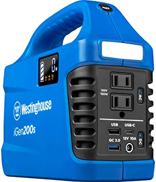 Westinghouse iGen200s Portable Power Station 194Wh Backup Lithium Battery, 120V/150W AC Outlets, Solar Generator (Solar Panel Not Included)
