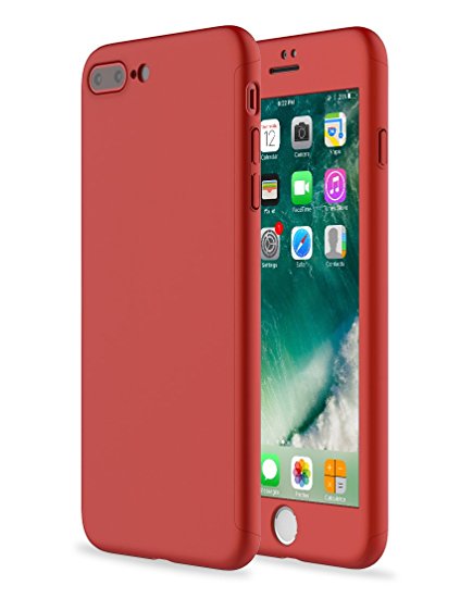 iPhone 7 Plus Case, RORSOU All-round Protective Hard Slim Case Coated Non Slip Matte Surface with Tempered Glass Screen Protector for Apple iPhone 7 Plus (5.5")(2016) -- Red
