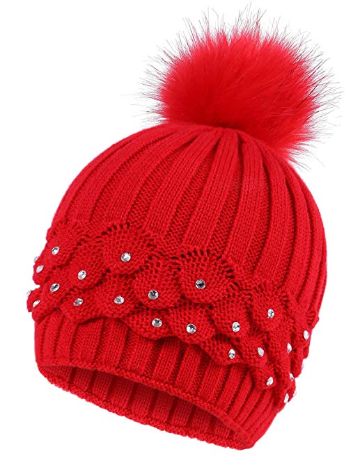 Arctic Paw Horizontal Cable Knit Beanie with Sequins and Faux Fur Pompom