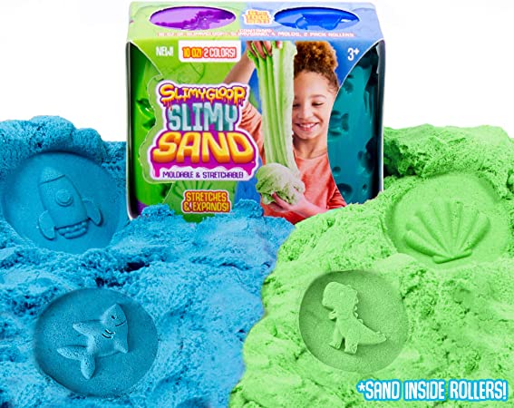 SlimySand Galaxy/Ocean, 10 Ounces of SlimySand in 2 Different Colors (Blue and Green), 2 Rollers & Stamps, Reusable Storage Container. Super Stretchy & Moldable!