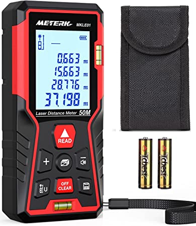 Meterk Laser Measure 165FT Laser Measurement Tool, M/In/Ft Mute Laser Distance Meter with 2 Bubble Levels Backlit LCD - Pythagorean Mode Measure Distance Area and Volume - 30 Groups Data Memory