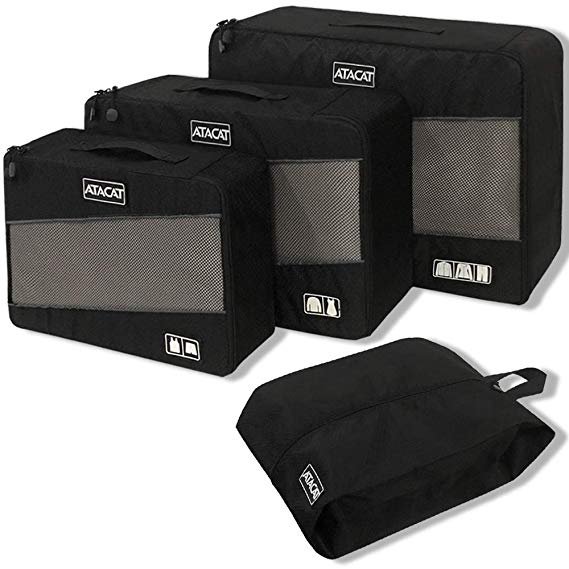 ATACAT 4 Set Packing Cubes with Shoe Bag - 3 Various Sizes Travel Luggage Packing Organizers ((S M L Shoes Bag) Black)