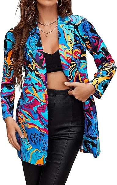 FLYCHEN Women Open Front Blazer Colorful Print Long Sleeve Newspaper Print V Neck Suit Jacket