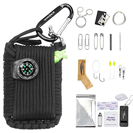 Sahara Sailor 30 in 1 Paracord Survival Grenade Kit with Carabiner Compass Fire Starter Weights Floats Fishing Line Hooks knife Whistle Mini Torch