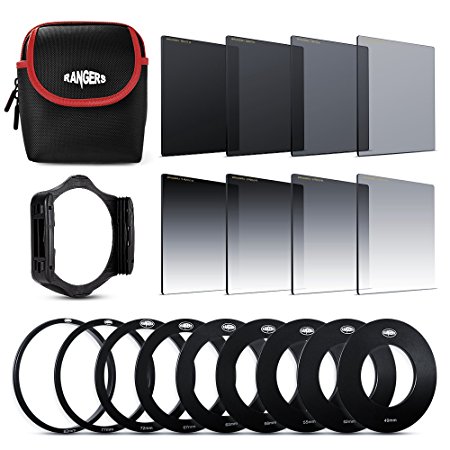 Rangers 8pcs ND Filter Kit (Full and Graduated ND2, ND4, ND8, ND16 Filters, Optics)   9 Filter Adaptors Ring (49-82mm)   1 ABS Adaptor Holder   Carrying Pouch RA109