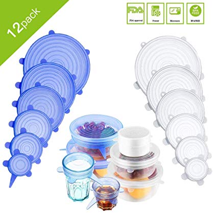 12 PCS Silicone Stretch Lids Reusable, Kitchen Airtight Food Storage Covers, 6 Sizes Seal Bowl Stretchy Wrap Cover, Keep Food Fresh for Containers, Cups, Cans,Plates, Microwave, Dishwasher Safe