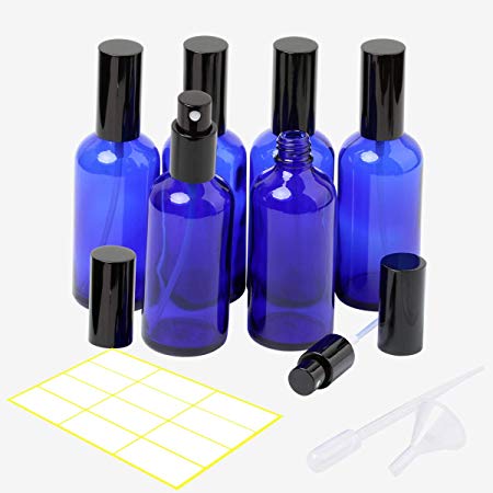 4oz Blue Glass Spray Bottles with Metallic aluminium Fine Mist Sprayer for Essential Oils, Cologne, Perfume,6 PACK Set