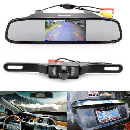 Backup Camera and Monitor Kit,Chuanganzhuo 4.3" Car Vehicle Rearview Mirror Monitor for DVD/VCR/Car Reverse Camera   CMOS Rear-view License Plate Car Rear Backup Parking Camera With 7 LED Night Vision