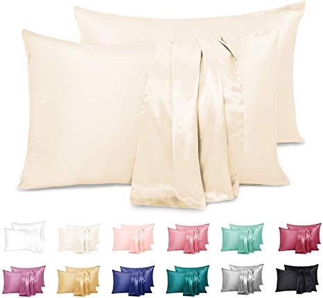 Duerer 2 Pack Silky Satin Pillowcases for Hair and Skin Standard/Queen/King Size Pillow Case with Envelope Closure (20"x30", Vanilla)