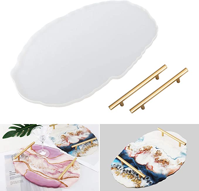 LET'S RESIN Irregular Oval Resin Tray Molds, Epoxy Resin Mold with 2 Golden Handles, Silicone Plate Resin Molds for DIY Casting Tray Mold, Agate Slice Coasters, Cup Mat, Home Decoration