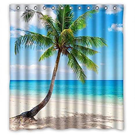 Palm Emerald Ocean Tropical Coast Beach Sea Bathroom Fabric Shower Curtain 66(W)X72(H) With Hooks
