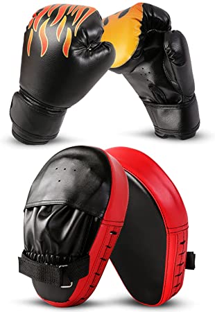 Odoland 2-in-1 Boxing Gloves and Punching Mitts Set for Kids, Boxing Mitts Focus Pads, Kids Boxing Fight Gloves for Boxing, Kickboxing, Karate, Muay Thai, MMA Training