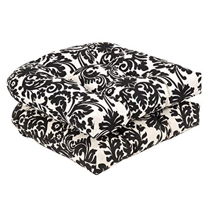 Pillow Perfect Indoor/Outdoor Damask Wicker Seat Cushions, 2 Pack, Black/Beige