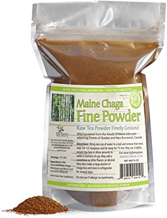 Maine Chaga Fine Mushroom Powder, No Pesticides, Wild Harvested, Not Cultured, 4oz, NOT an Extract But Whole Raw Chaga, Woman-Owned, Small Business